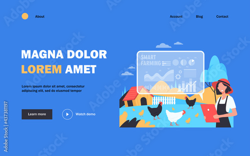 Happy female farmer working with smart farm flat vector illustration. Cartoon woman farming and analyzing data on feeding poultry. Automation and implementation technology concept