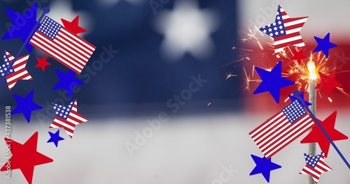 Composition of american flag and sparkler over american flag decorations
