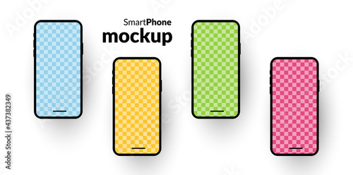 Smartphone mockup for mobile devices, 4 coloured phones with photo placeholders, white background, place for photos, app promo, application marketing