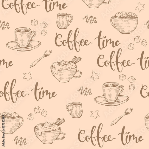 Detailed hand-drawn sketch different coffee cups and desserts on the beige background, vector illustration. © Marina