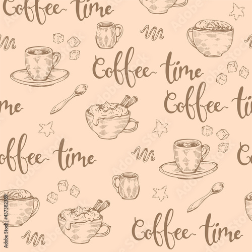 Detailed hand-drawn sketch different coffee cups and desserts on the beige background, vector illustration.