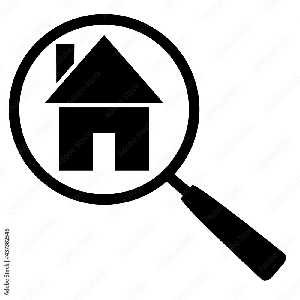 House Home through Magnifying glass search real estate search Icon isolated black on white vector illustration House Home through Magnifying glass search real estate search Icon isolated black on white vector illustration