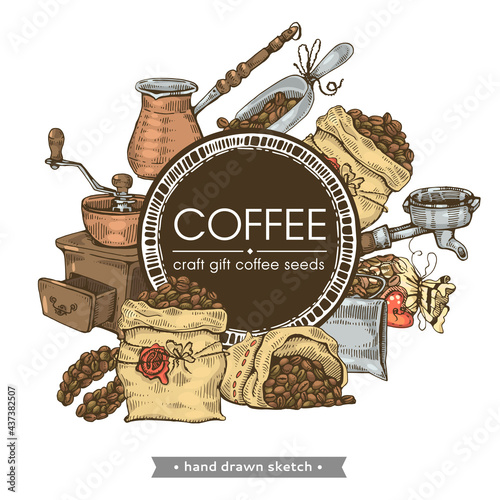 Coffee tools and equipment. Coffee seed, craft, gift.