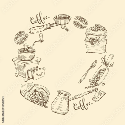 Coffee tools and drinks. Coffee beans © Marina