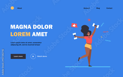 Happy dark skinned girl doing exercises. Woman dancing with dumbbells flat vector illustration. Fitness, gym, weight lifting concept for banner, website design or landing web page