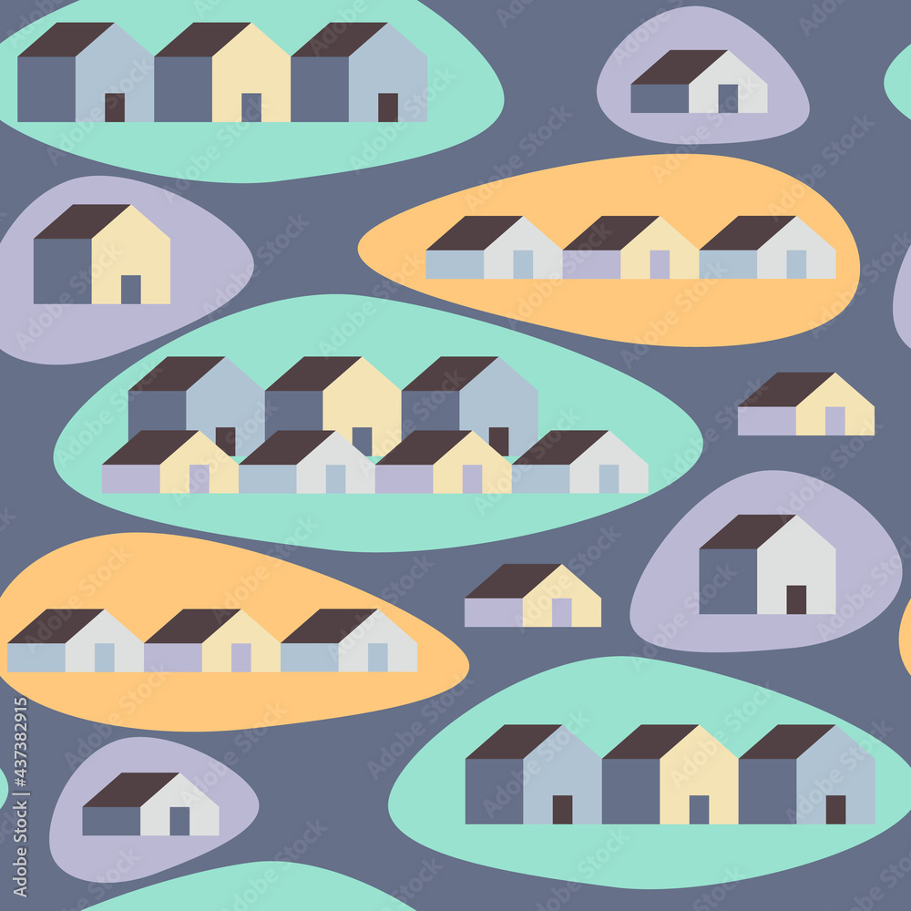 Vector seamless pattern of houses on orange and aqua geometric pastel shape. Gray background. Property sale. Modern village. Smart Home security concept. Real estate. Rental flat. Townhouses. Town