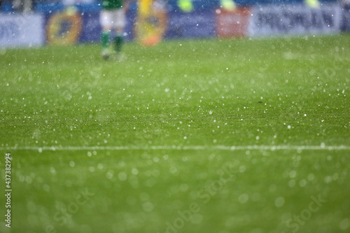 Details of green grass of football pitch seen during the rain showers © katatonia