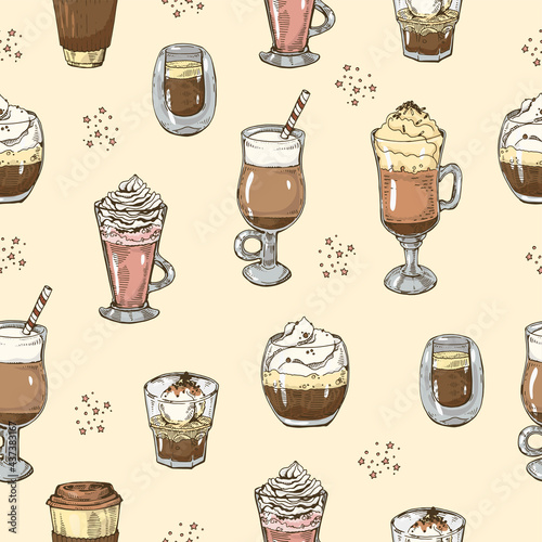 Seamless pattern of different coffee drinks.