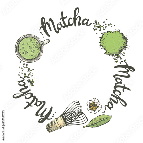 Matcha drink and bamboo whisk round lettering