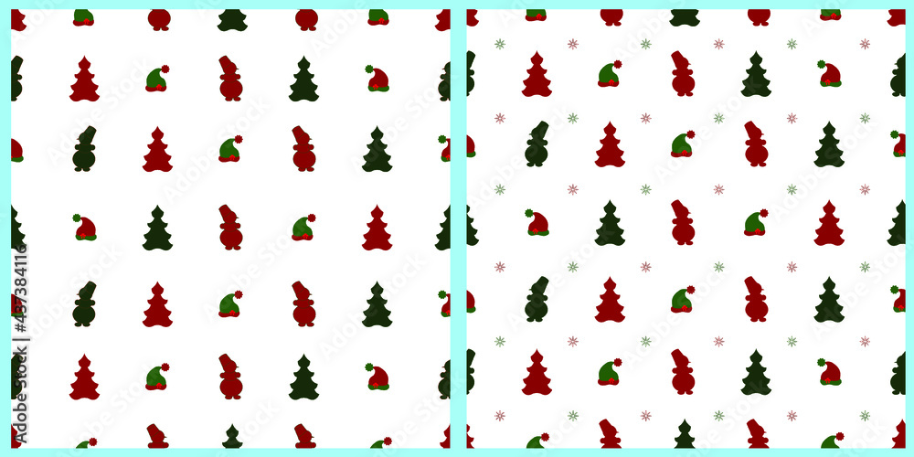 Set of Christmas vector seamless patterns. Christmas trees, snowmen, elf caps on white isolated background, for flyer, poster, cover, textile print, wrapping paper, clothes, napkins, tableware. 