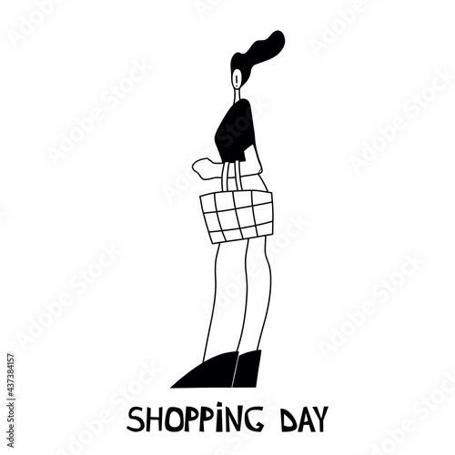 Vector illustration. Woman shopping with shopping cart. Cartoon character.