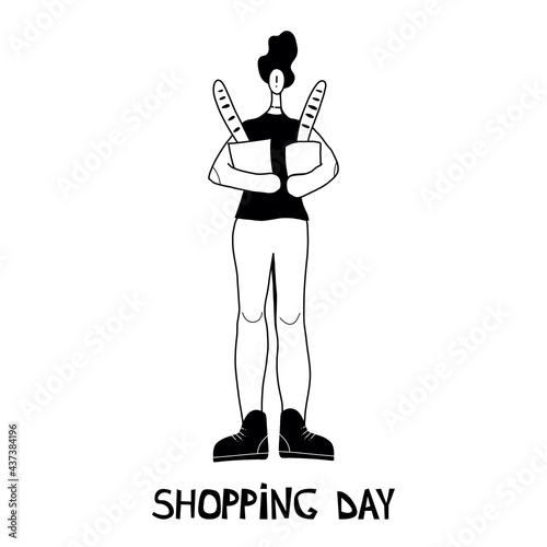 Vector illustration. Woman shopping with shopping cart. Cartoon character.