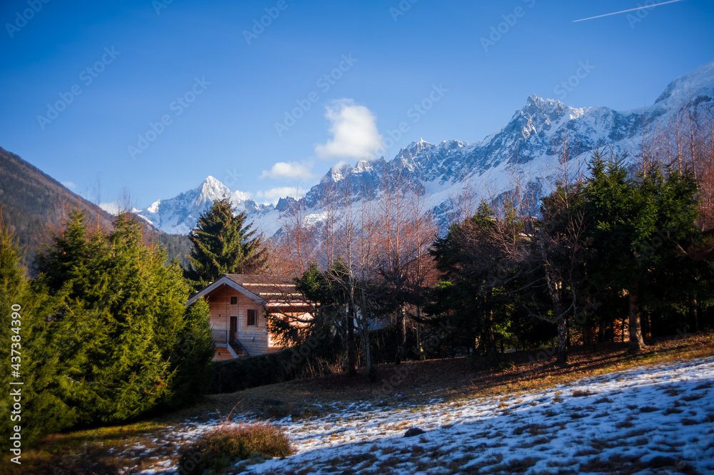 Fresh frosty morning sun in winter mountain chalet in the French Alps Shamanix