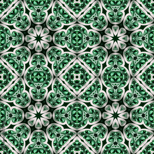 Geometric seamless pattern with volumetric glass effect. Seamless background for design and decoration of packaging, covers, cards. Template for printing on fabric. Kaleidoscope, mandala.