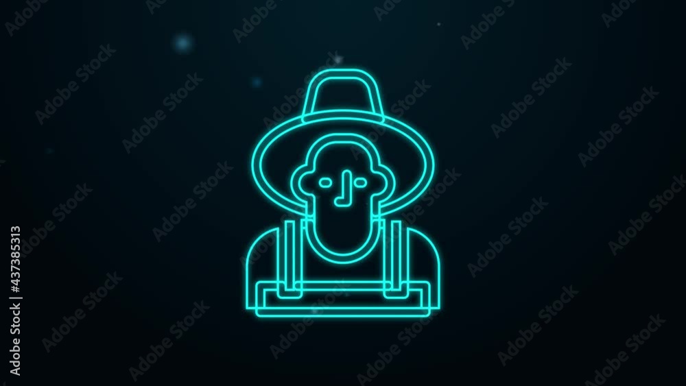 Glowing neon line Farmer in the hat icon isolated on black background. 4K Video motion graphic animation Glowing neon line Farmer in the hat icon isolated on black background. 4K Video motion graphic animation