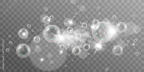 Air soap bubbles on a transparent background .Vector illustration of bulbs.  
