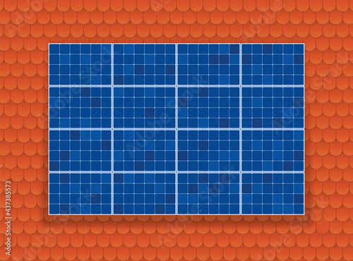 Solar plate collector on shingle roof background. Ecological electricity production. Blue thermal photovoltaik panel on the house. Vector wallpaper illustration.
