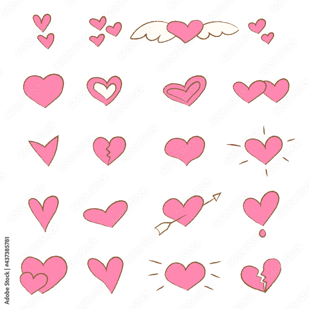 Set of cute hand drawn pink hearts, isolated vector illustration on white background