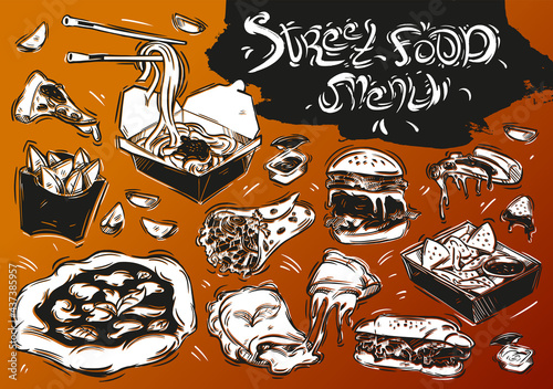 Hand drawn vector illustration. Doodle street food menu: burger, sandwich, noodles, pizza, nachos, potato wedges, calzone, gyros, sauce