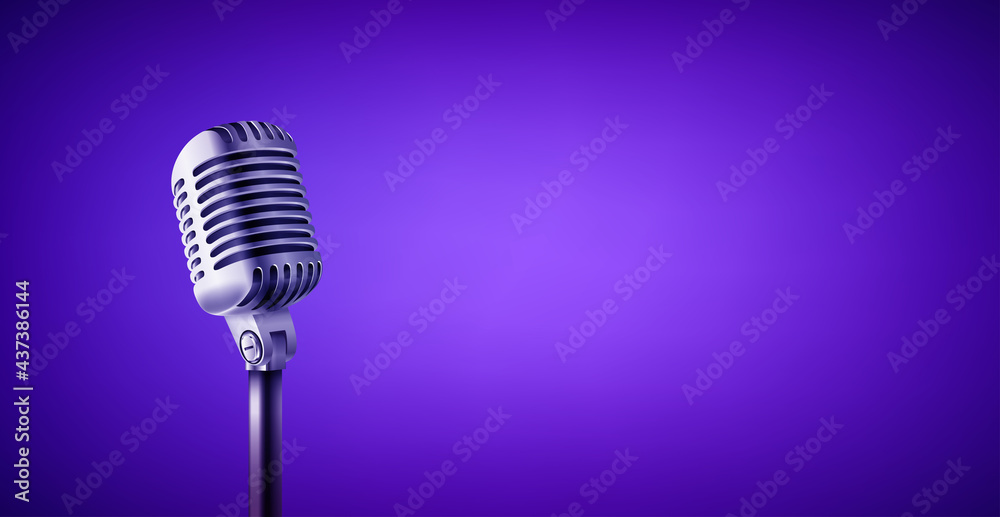 Vintage style microphone in studio. Vivid color banner with copy space - obrazy, fototapety, plakaty 