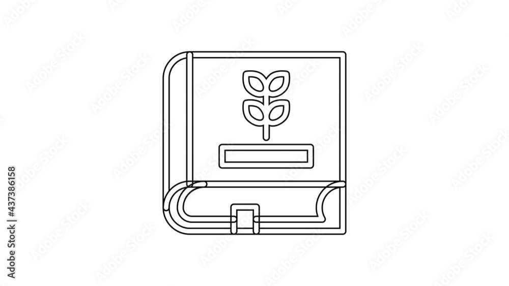 Black line Book about seeds icon isolated on white background. 4K Video motion graphic animation Black line Book about seeds icon isolated on white background. 4K Video motion graphic animation