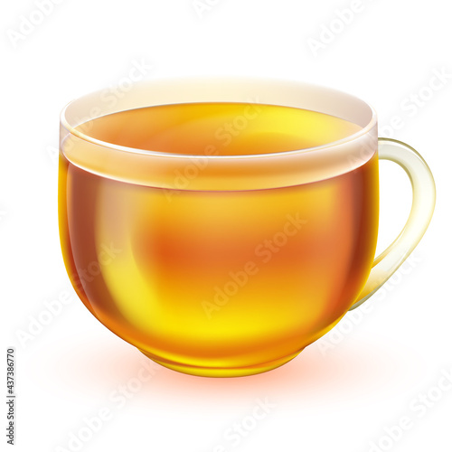 Realistic tea cup vector illustration. Transparent glass cup of tea with handle and tea isolated on white background. Green or white tea with light brown color water. Vector illustration EPS10