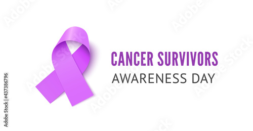 Cancer survivors awareness ribbon banner vector illustration. Lavender realistic ribbon wit space for text