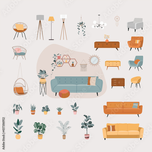 House interior objects isolated set.  Home furniture. Cartoon vector illustration.