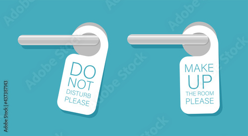 Door knob warning hangers set. Do not disturb and make up the room. Plaques hang on the door handles. Vector illustration isolated.