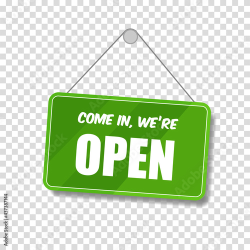 Open sign for door isolated on transparent background. Welcome. Vector lettering.