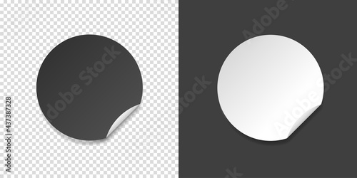 White and black round folded edge sticker. Empty paper price tag templates with peeling corner. Blank layout for any notes. Vector illustartion isolated on transparent and black backgrounds.	