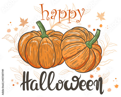 Happy halloween card, vector. Banner with pumpkins, maple leaves, branches and spots. Autumn traditional holiday. Hand lettering, fall background.