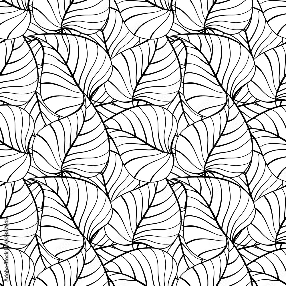 Black and white autumn leaves vector seamless pattern.