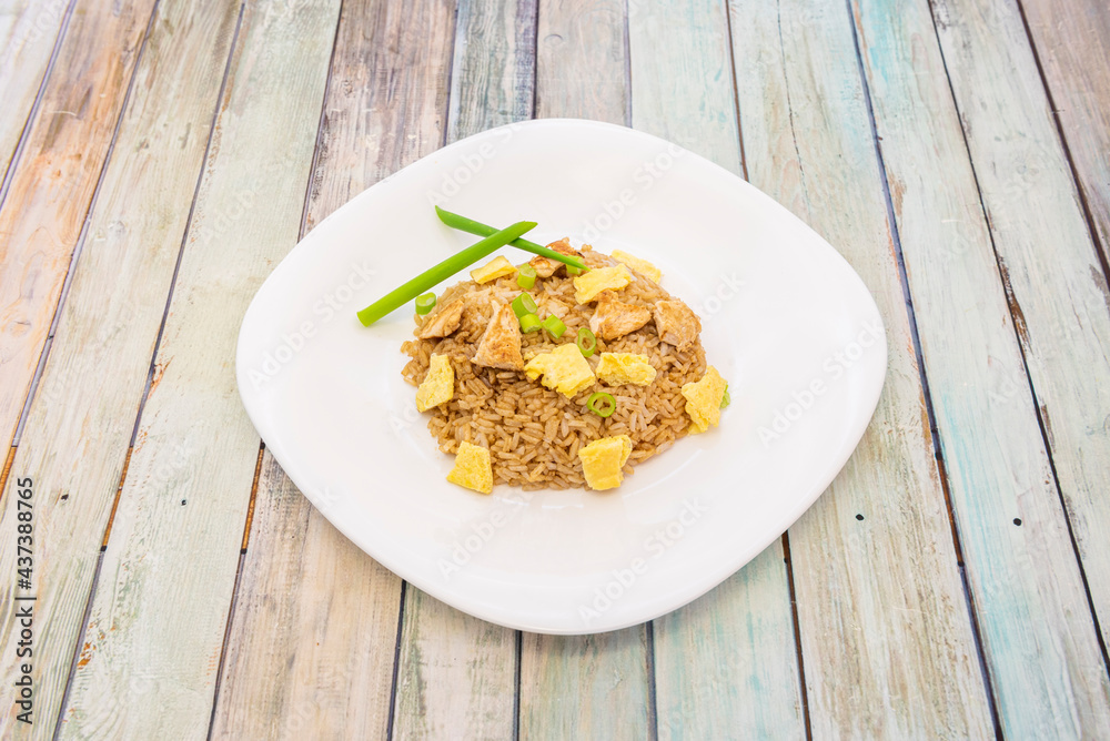 chaufa-style rice with diced French omelet, chicken pieces and vegetables chaufa-style rice with diced French omelet, chicken pieces and vegetables
