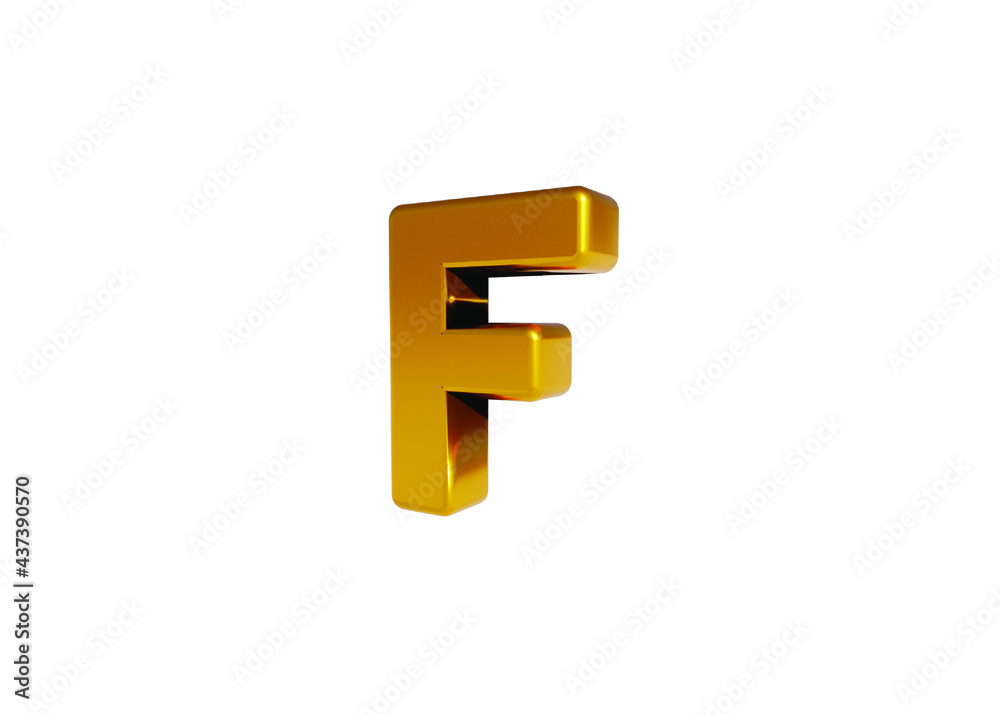 Volumetric glossy Golden Metallic uppercase letter F isolated on white background. 3D rendered alphabet. Modern font for banner, poster, cover, logo design template element. Volumetric glossy Golden Metallic uppercase letter F isolated on white background. 3D rendered alphabet. Modern font for banner, poster, cover, logo design template element.