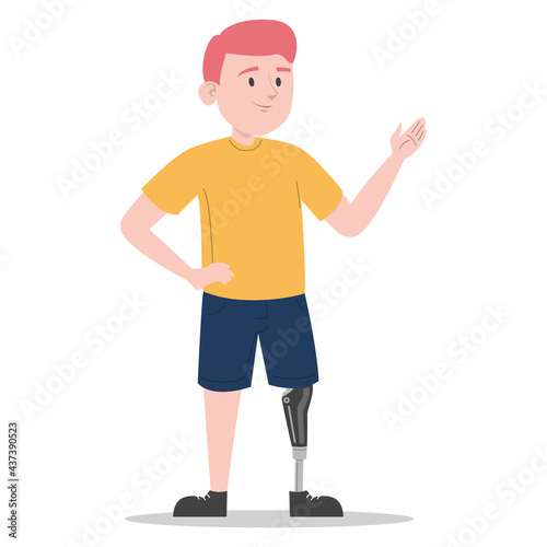 Happy young boy with a prosthetic leg vector isolated. Illustration of a child wearing a prosthesis. Handicapped person, kid with artificial limb.