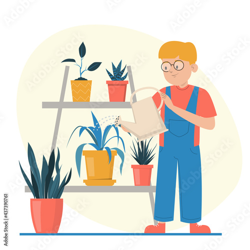 Cute boy watering plants in pots vector isolated. Illustration of a kid taking care of house plants. Gardening concept. Beautiful potted plants.