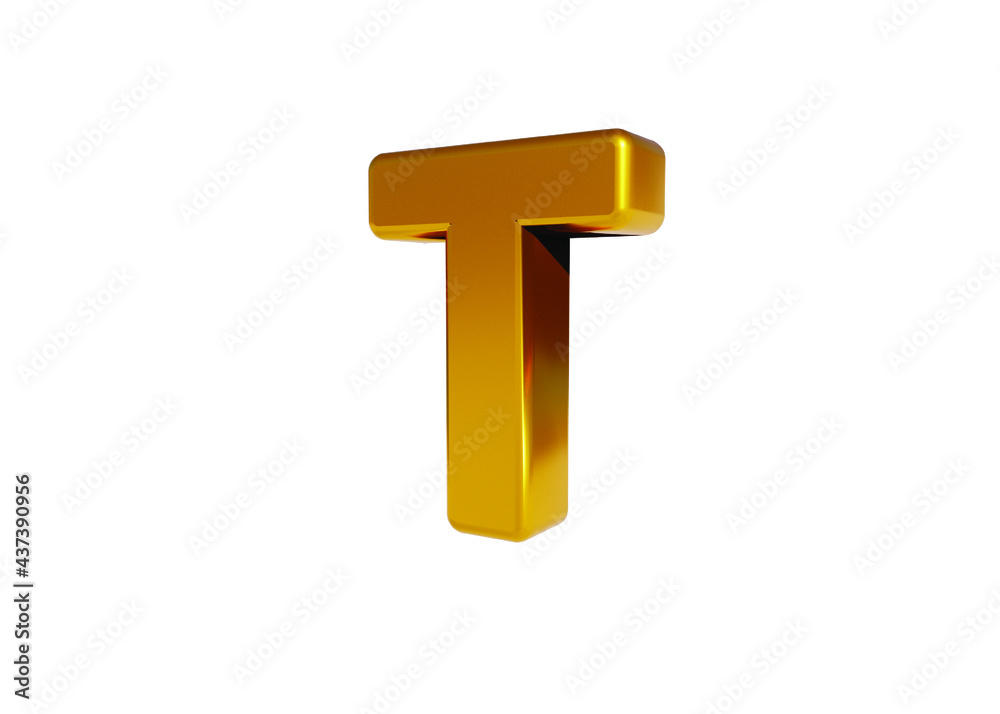 Volumetric glossy Golden Metallic uppercase letter T isolated on white background. 3D rendered alphabet. Modern font for banner, poster, cover, logo design template element. Volumetric glossy Golden Metallic uppercase letter T isolated on white background. 3D rendered alphabet. Modern font for banner, poster, cover, logo design template element.