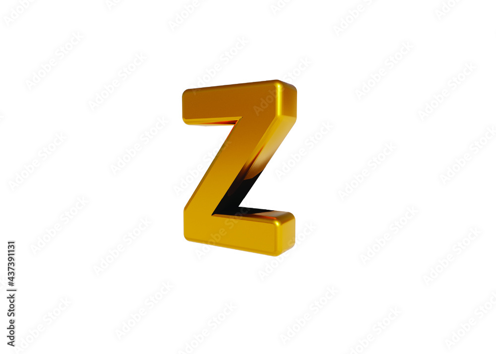 Volumetric glossy Golden Metallic uppercase letter Z isolated on white background. 3D rendered alphabet. Modern font for banner, poster, cover, logo design template element. Volumetric glossy Golden Metallic uppercase letter Z isolated on white background. 3D rendered alphabet. Modern font for banner, poster, cover, logo design template element.