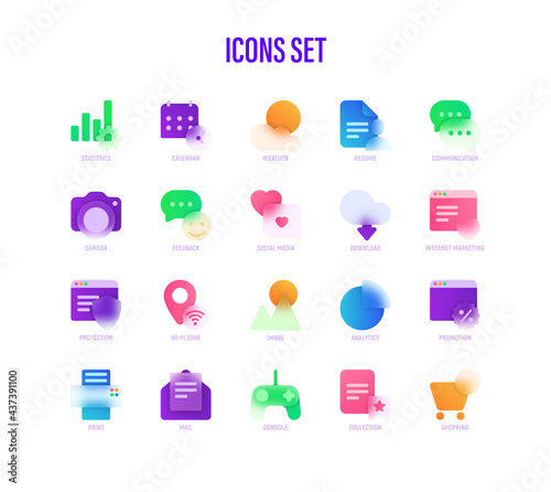Icons set in glassmorphism style. Statistics, Calendar, Weather, Camera, Feedback, Social Media, Download, Internet Marketing, Wi-Fi Zone. Vector illustration.