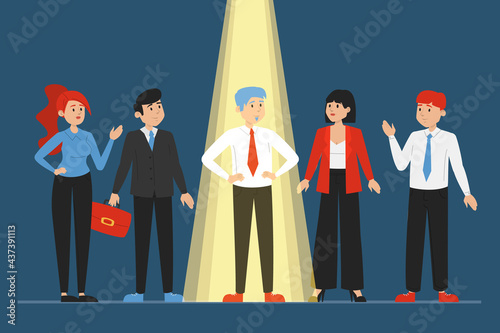 Light shining on the right candidate for a job, recruitment concept. Select worker for your team. Crowd of people standing.