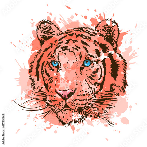 2022 year. Tiger head, contour graphics on an abstract background of imitation of a watercolor texture. Vector illustration.
