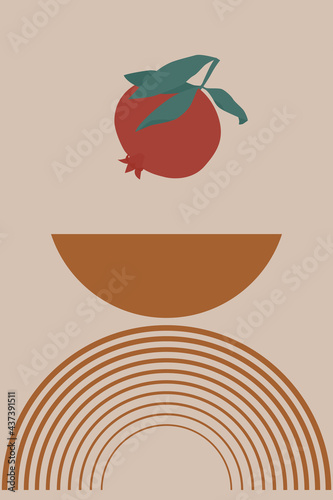 Abstract shapes and pomegranate fruit, boho style picture.