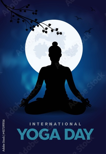international yoga day. yoga body posture. Woman practicing yoga with night background. vector illustration design
