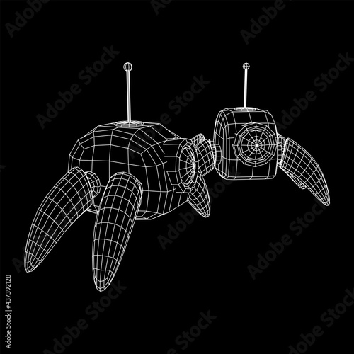 Spider robot with radar antenna. Nanobot, nanotechnology medical concept. Wireframe low poly mesh vector illustration