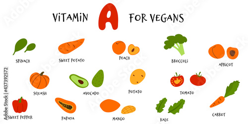 Collection of hand draw fruit and veggies rich in vitamin A. Vector cartoon flat style