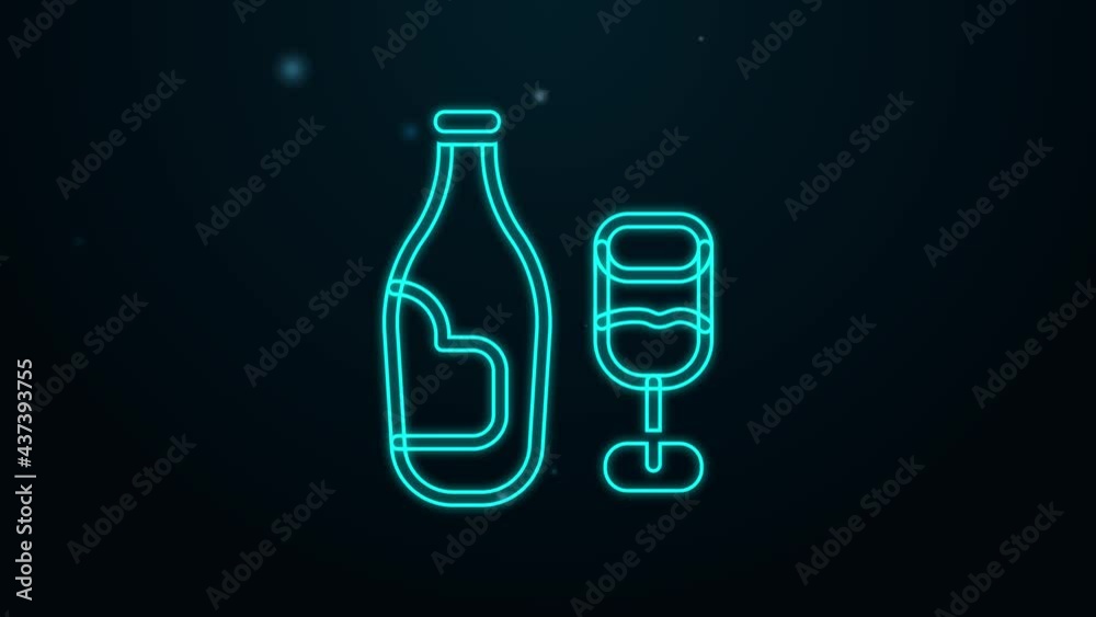 Glowing neon line Wine bottle with glass icon isolated on black background. 4K Video motion graphic animation Glowing neon line Wine bottle with glass icon isolated on black background. 4K Video motion graphic animation