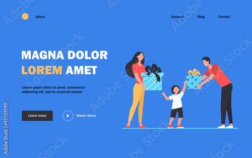 Happy parents giving gifts to son. Boy receiving birthday presents flat vector illustration. Surprise, Christmas, childhood concept for banner, website design or landing web page