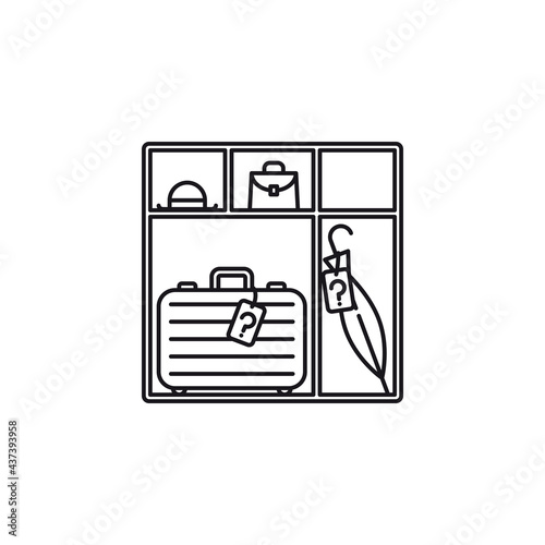 Shelf with suitcase, umbrella, hat and handbag vector line icon. Public transport lost and found outline symbol.