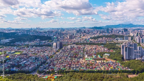 Time lapse 4K, Seoul city skyline and modern building and architecture, Beautiful clouds flow through in Seoul, South Korea.